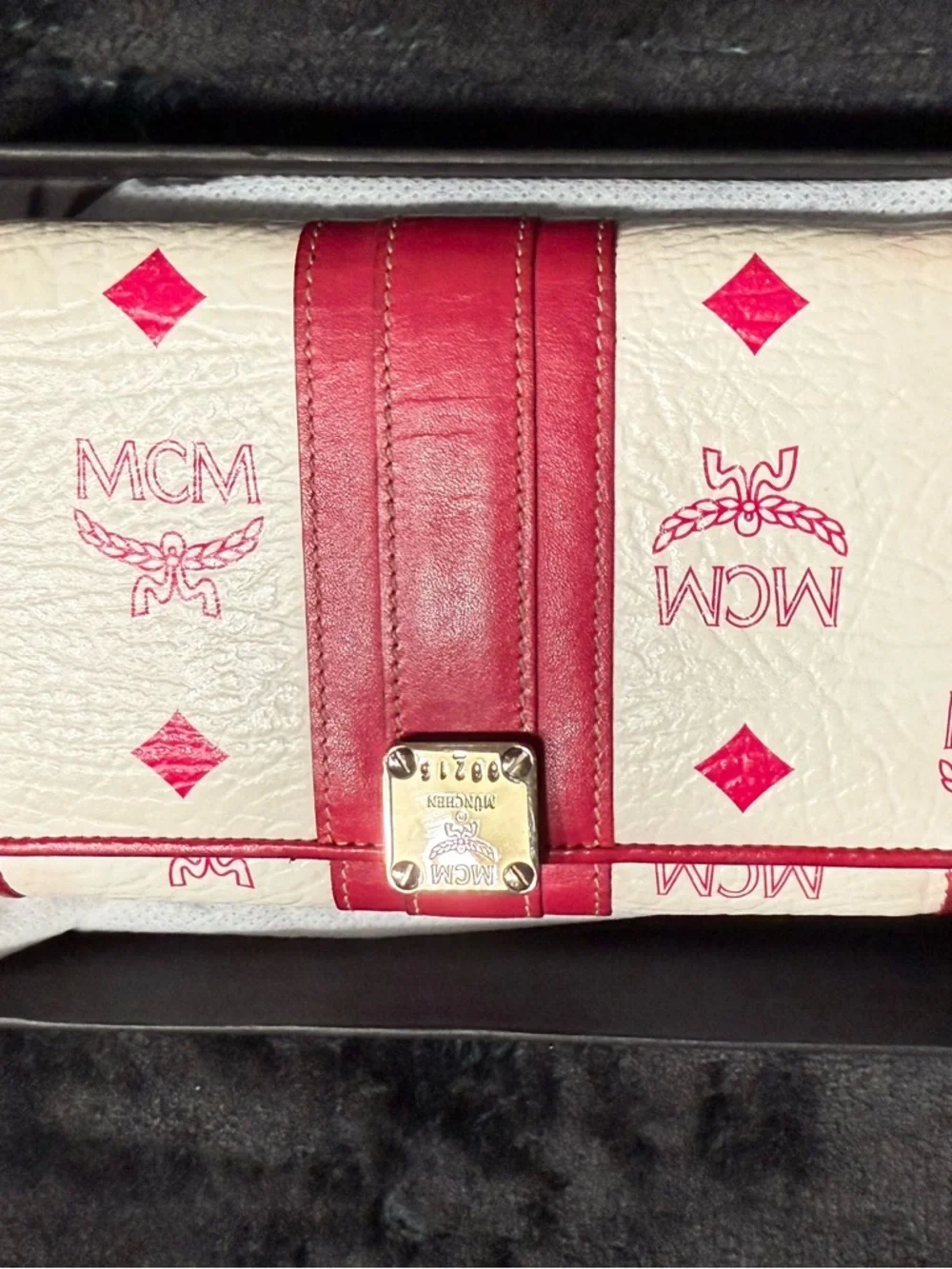 MCM White and Pink Logo Printed Wallet with Gold Hardware